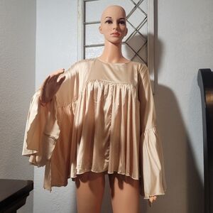 MAZIK Satin Oversized Bell Sleeved Flowy Tan Pullover Blouse Size Medium